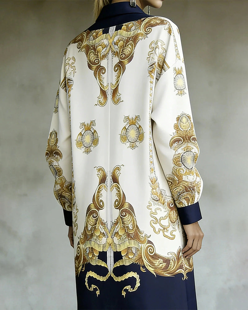 Lantern Sleeve Printed Lapel Shirt Dress