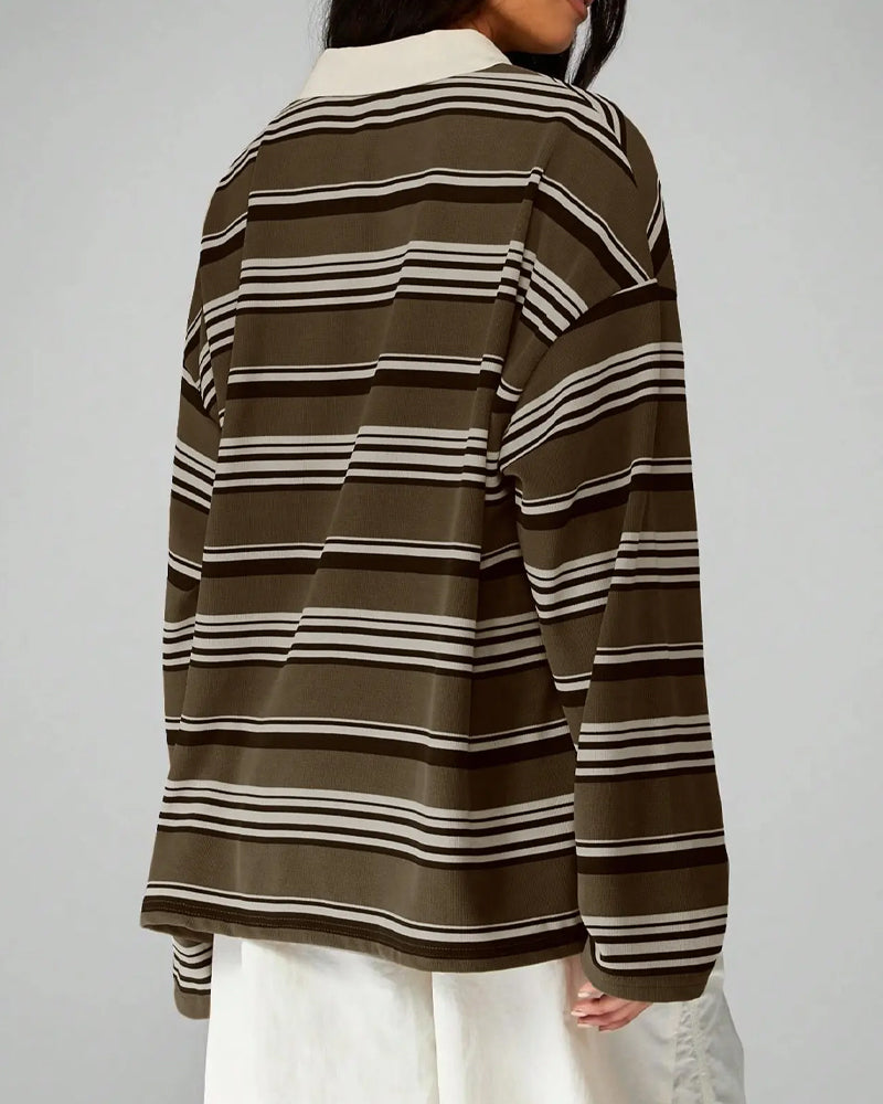 Striped Collared Drop-Shoulder Loose Blouse
