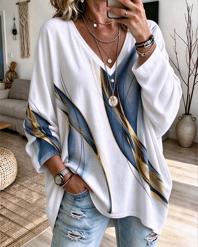 V-Neck Abstract Art Print Loose Top