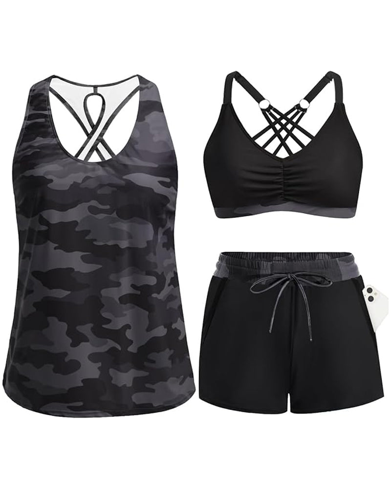 Crisscross Sleeveless Top + Drawstring Printed Pants For Cover-Up And Bikini
