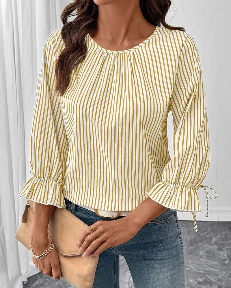 Striped Crew Neck Bubble Sleeve Blouse