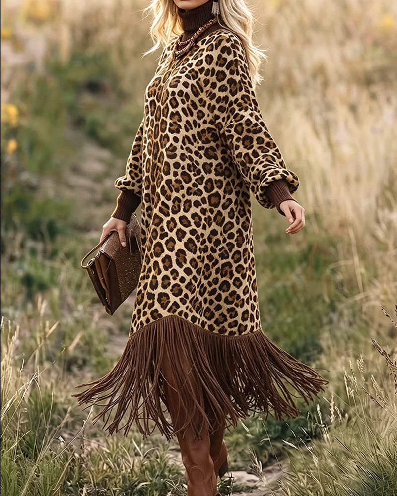 Leopard Print Fringed Lantern Sleeve Dress