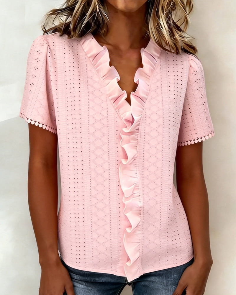 Ruffle V-Neck Short Sleeve Cut-Out Blouse