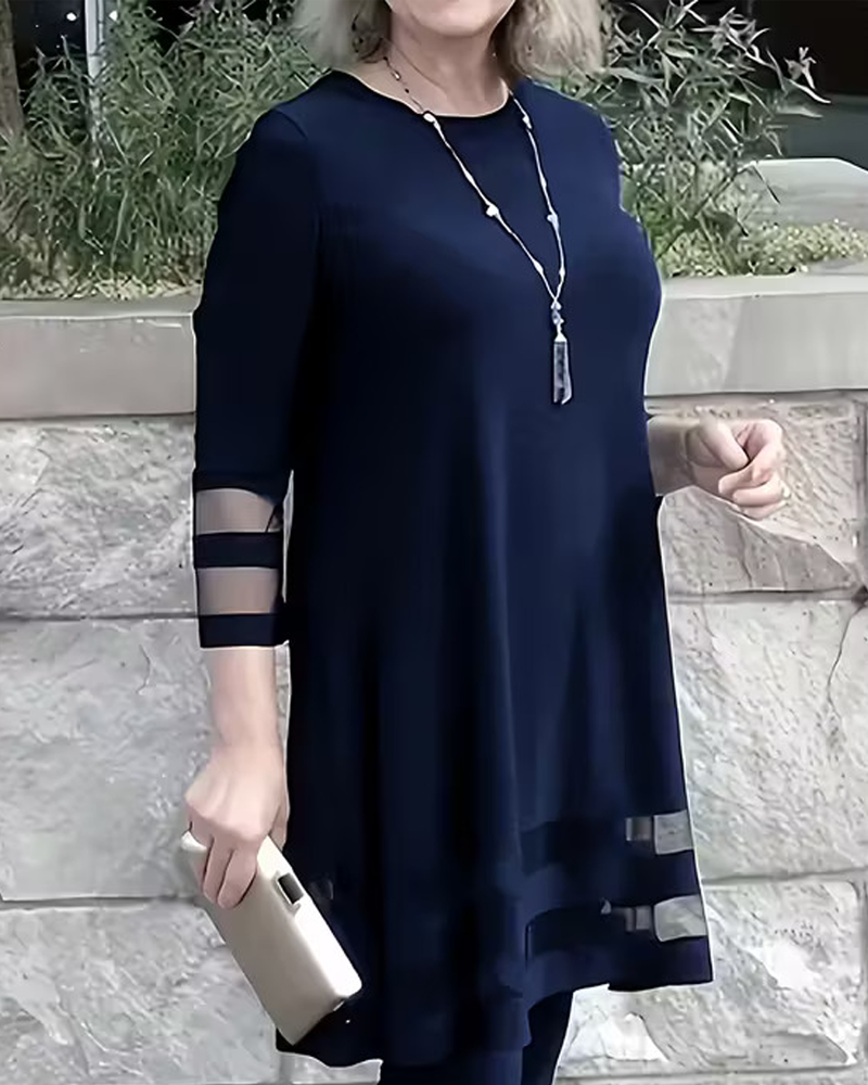 Solid Color Patchwork Round Neck Top