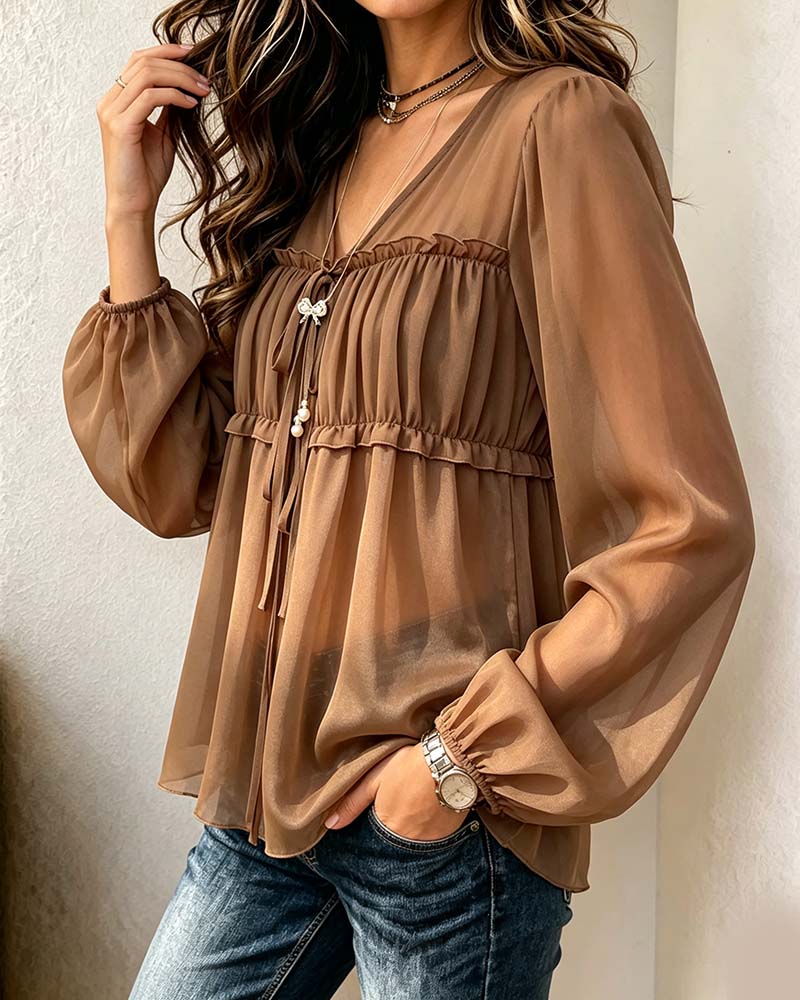V-Neck Lantern Sleeve Pleated Blouse