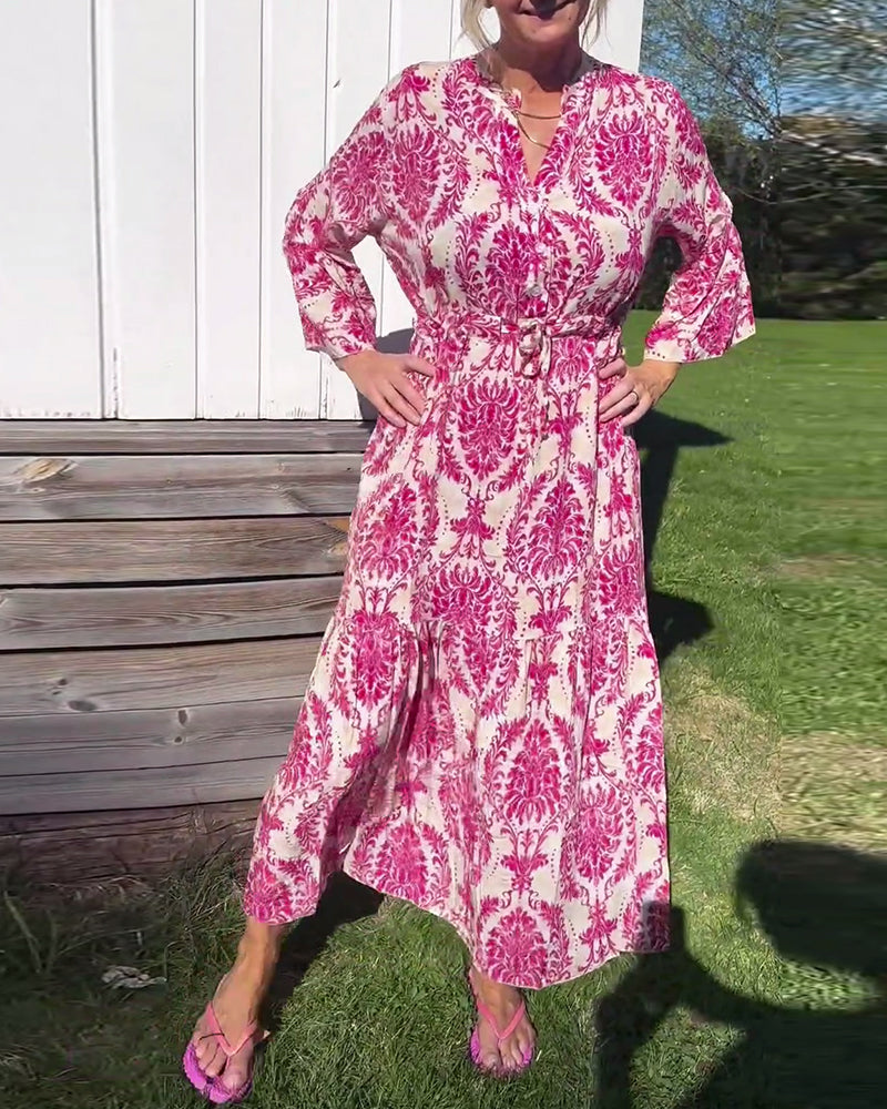 Printed bell sleeve drawstring dress