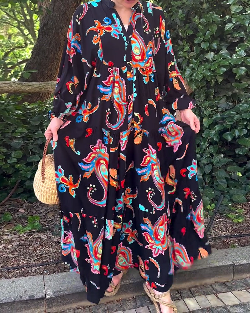 Vintage printed long sleeve patchwork dress
