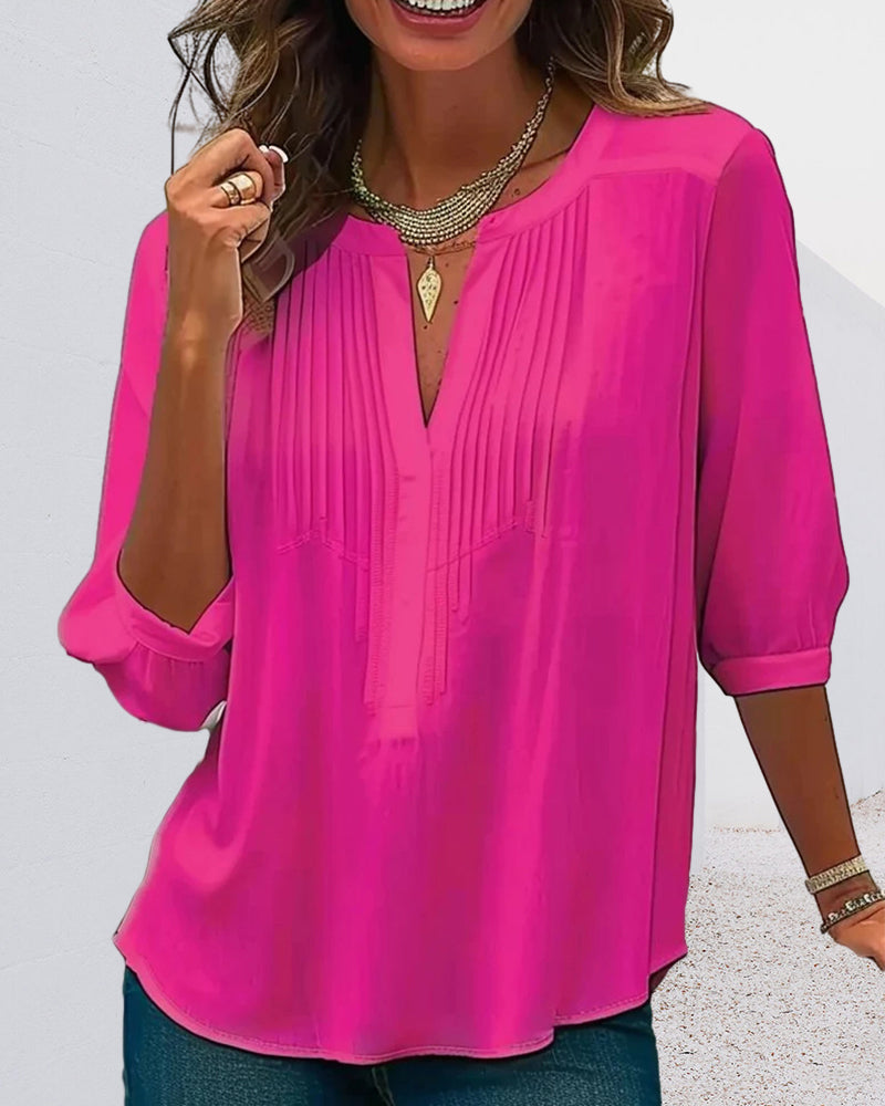 V-neck pleated solid color blouse