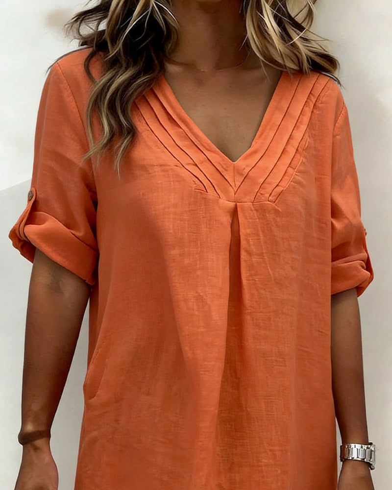 100% Cotton V-Neck Pleated Dress
