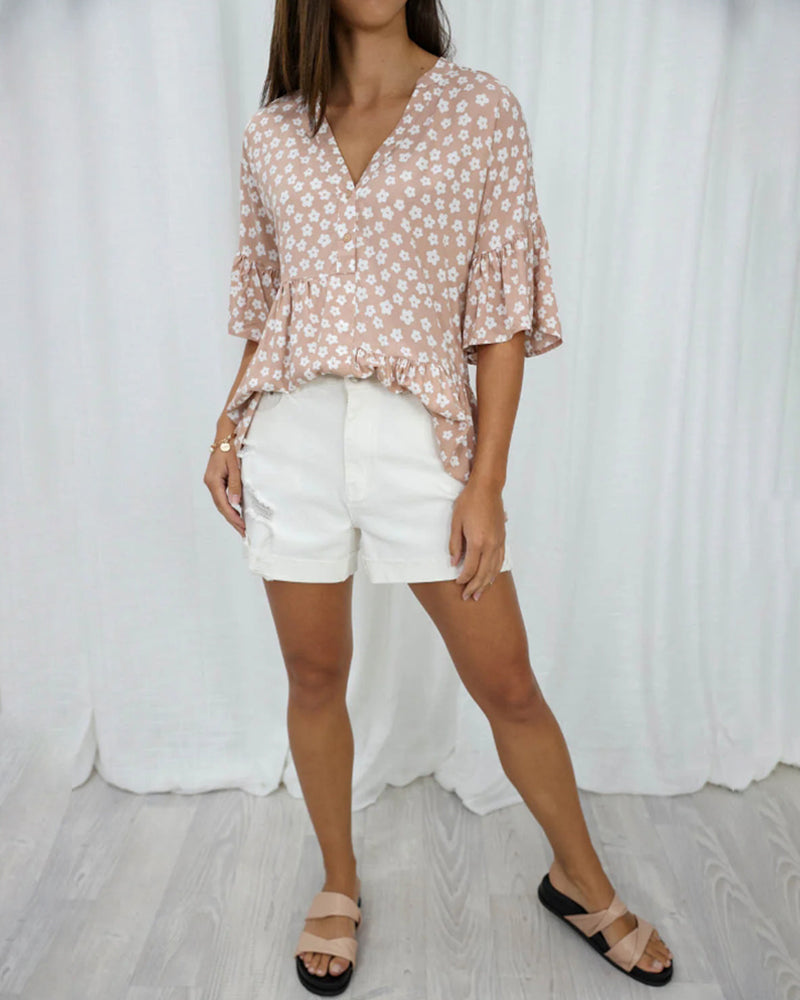 V-neck trumpet sleeves floral blouse