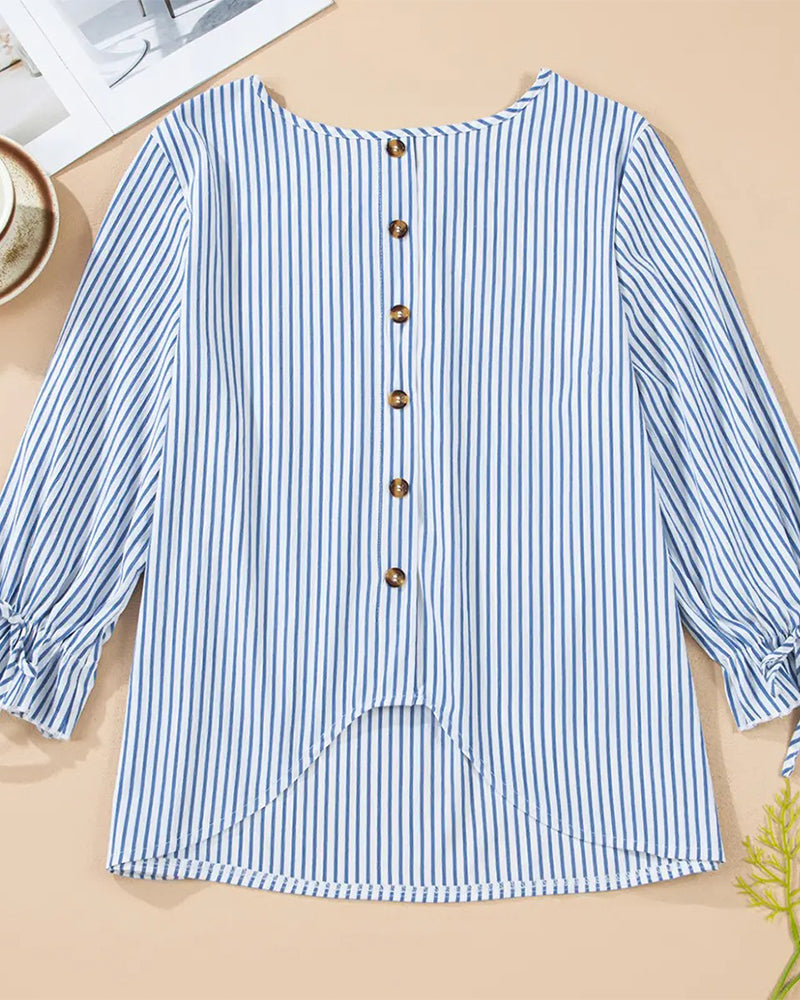 Striped Crew Neck Bubble Sleeve Blouse