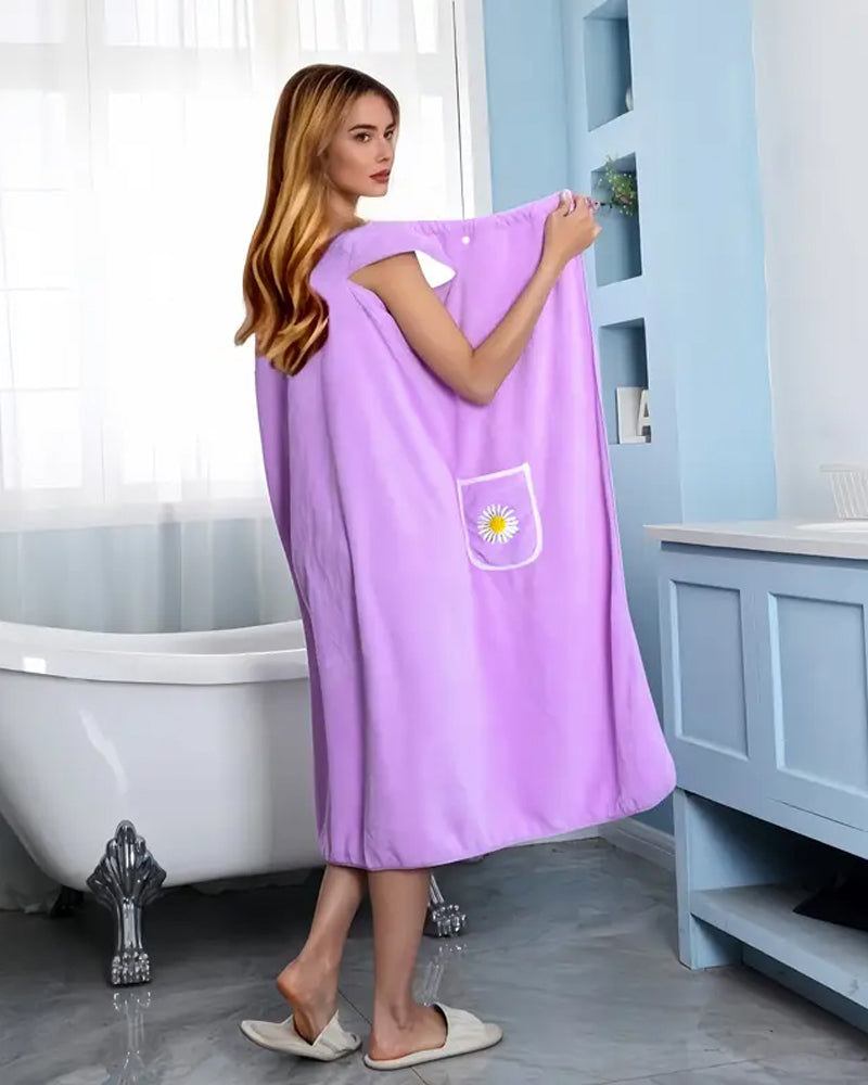 Soft Absorbent Quick-Dry Wearable Bath Towel Skirt with Floral Pattern Pocket