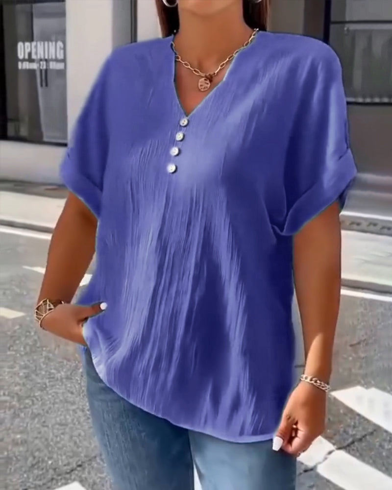 100% Cotton V-Neck Loose Textured T-Shirt