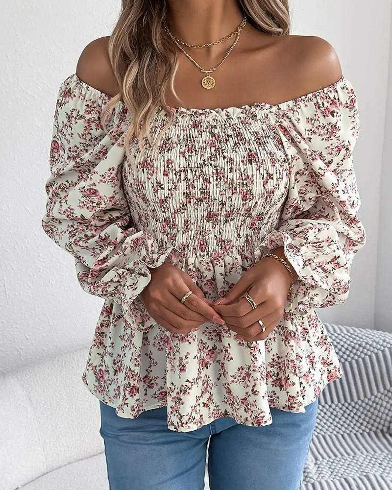 Square Neck Smocked Floral Ruffle Blouse