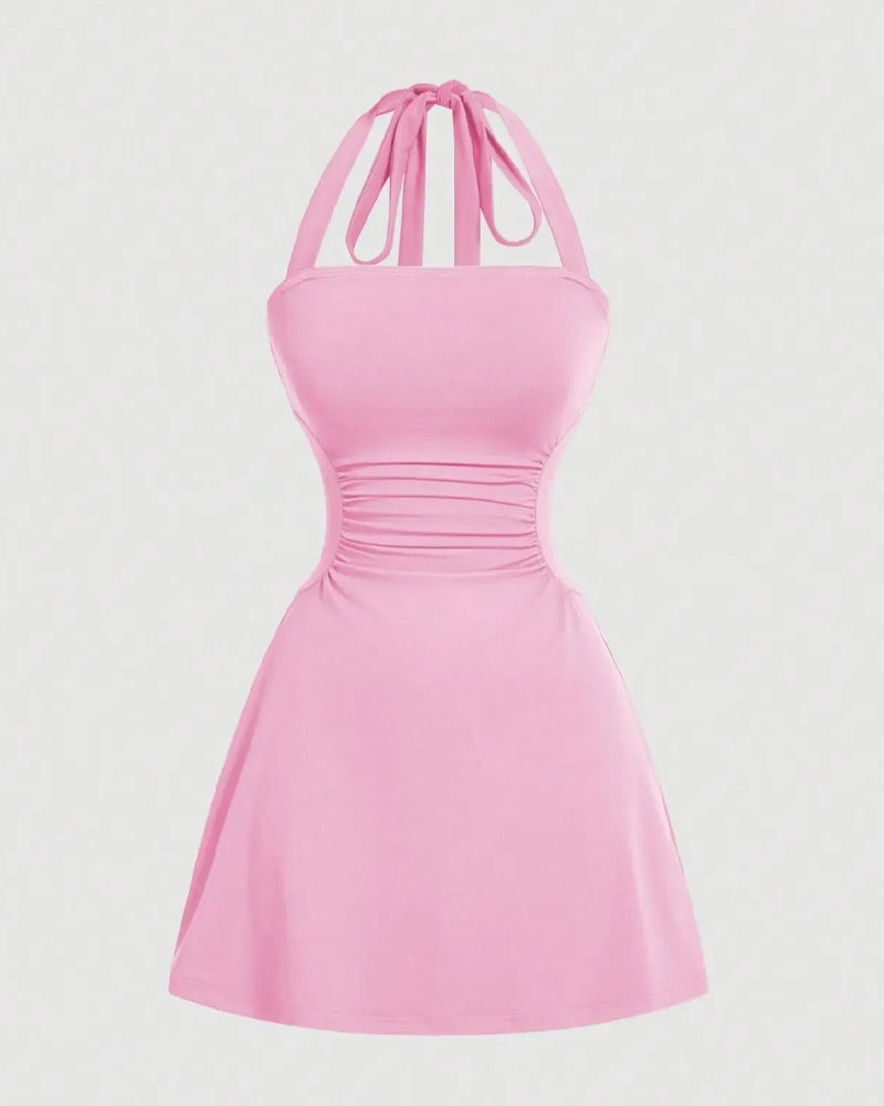Halterneck Bandage Waist Shirred Dress