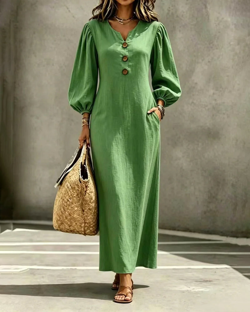 Small V-Neck Button Puff Sleeve Pocket Dress