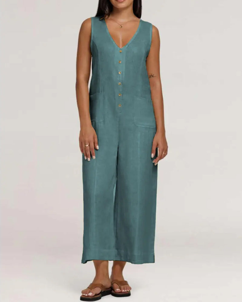 V-Neck Single-Breasted Sleeveless Jumpsuit