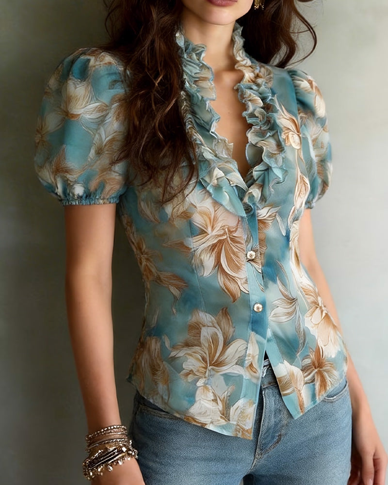Ruffled Floral Puff Sleeve Blouse