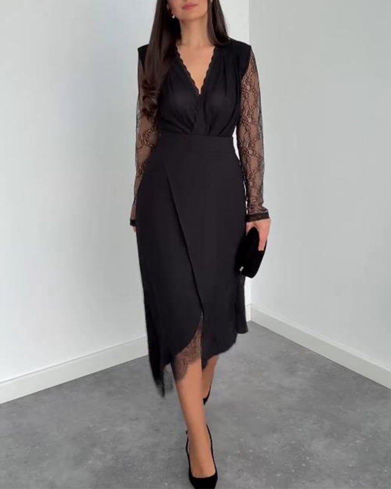 V-Neck Lace & Asymmetric Midi Skirt Set