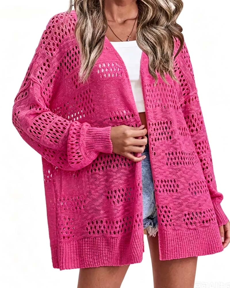 Solid Color Hollow Out Casual Cardigan