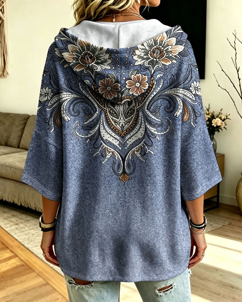 Cape Style Hooded Print Coat