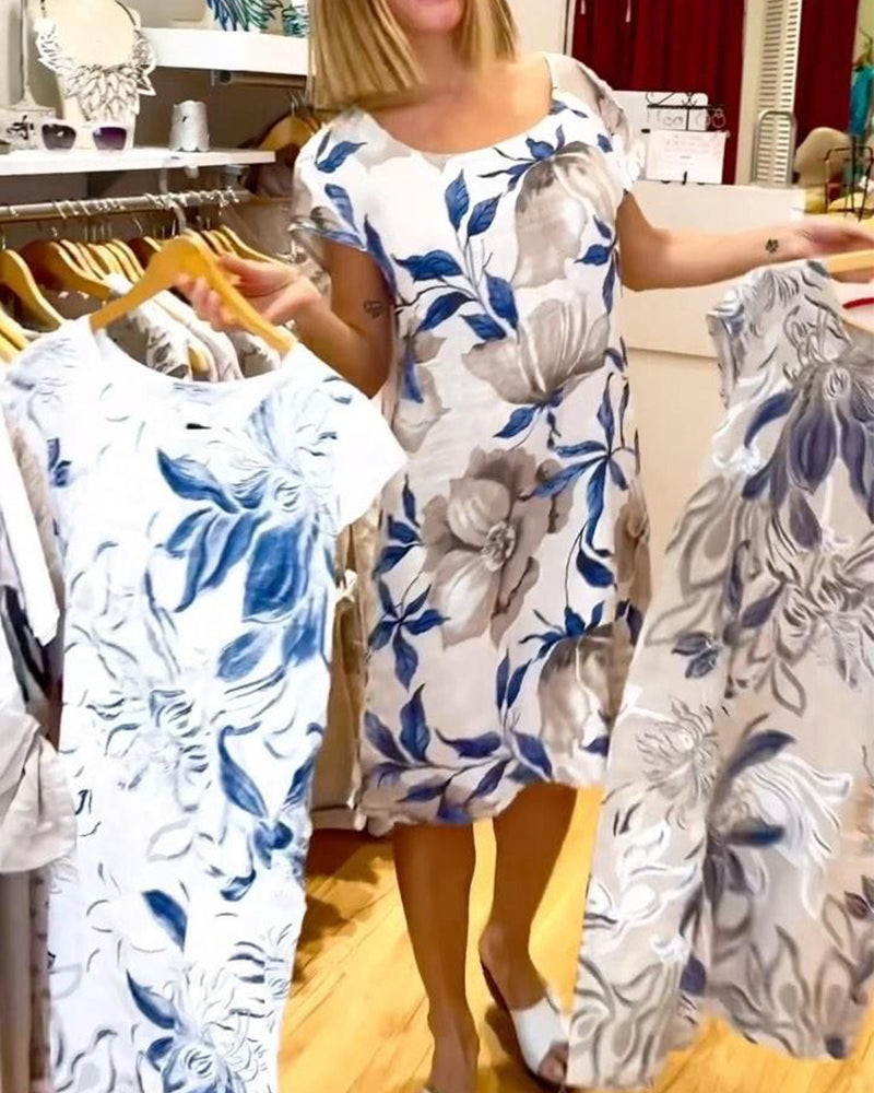 Elegant short-sleeved floral print dress