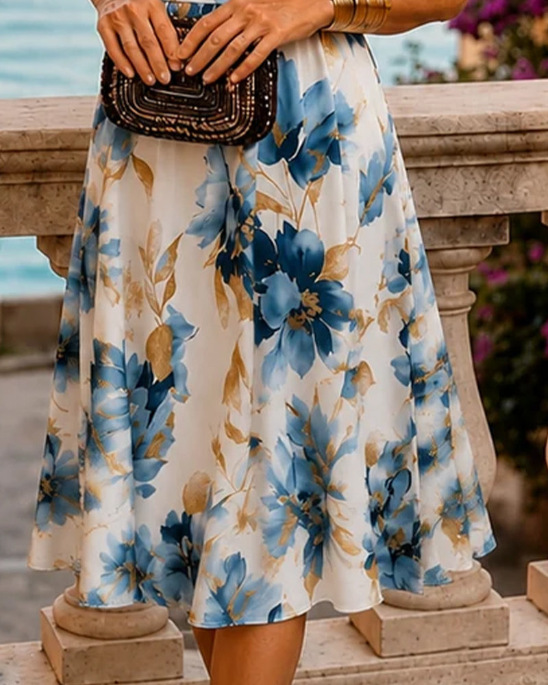 Ink-Wash Floral V-Neck Elegant Dress