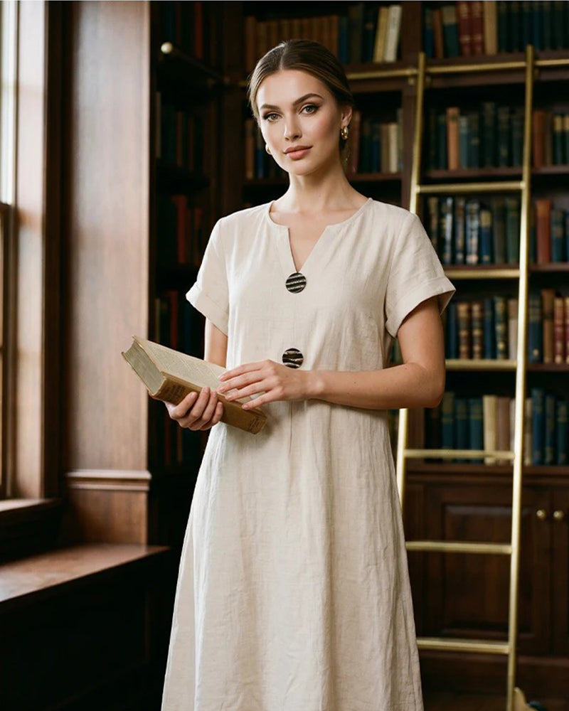 V-Neck Short-Sleeved Button-Up Shift Dress