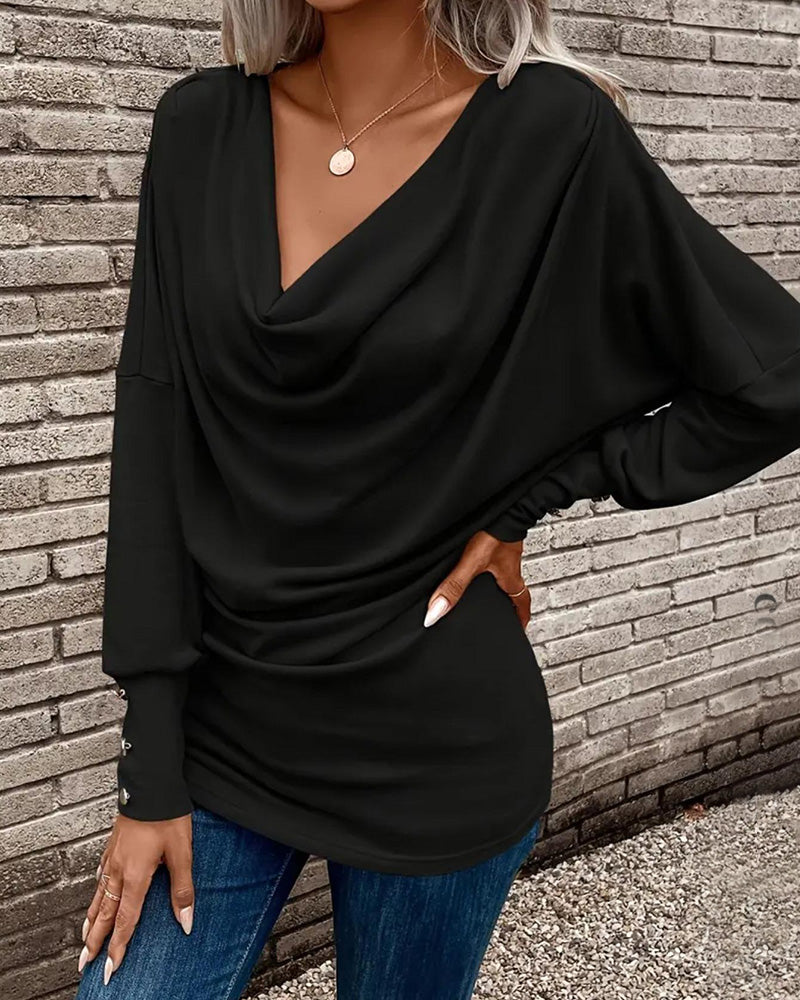 Mock Neck Solid Button Long Sleeve T-Shirt