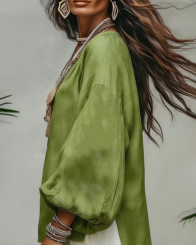 Casual Lantern Sleeve Solid Loose Fit Blouse