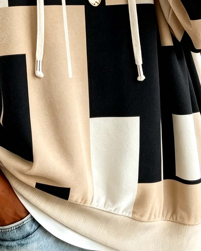 Geometric Print Color Block Drawstring Sweatshirt