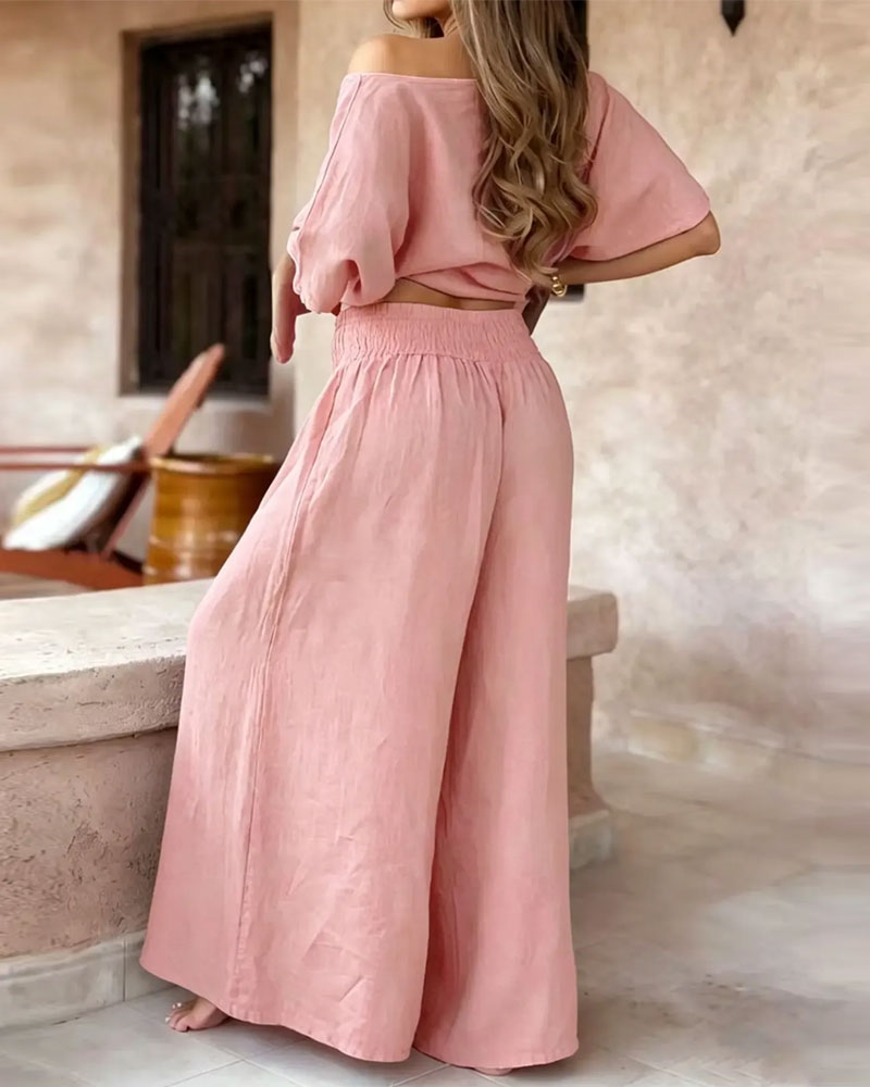 Solid Color Bat Sleeve Top Wide Leg Pants Set