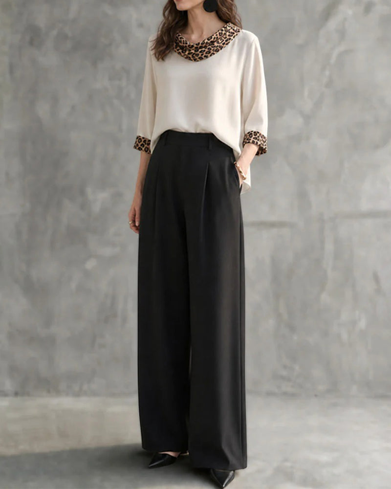 Leopard Panel Cowl Neck Elbow-Length Sleeve Blouse
