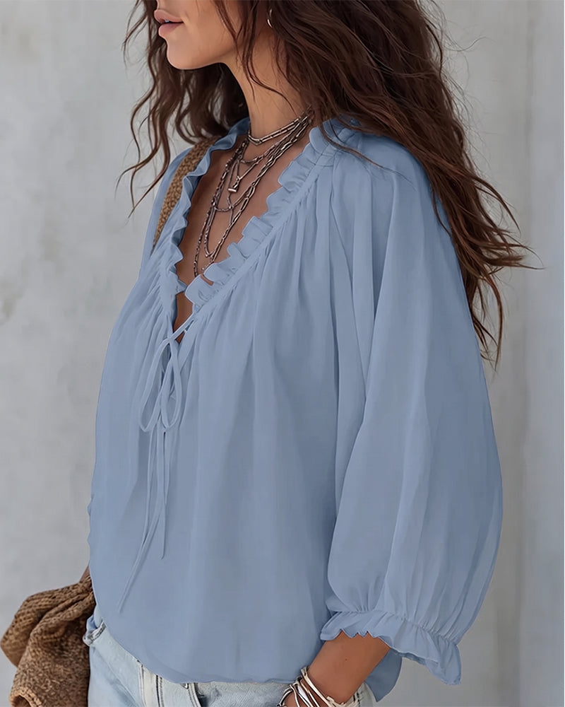 V-neck Lace Up Blouse