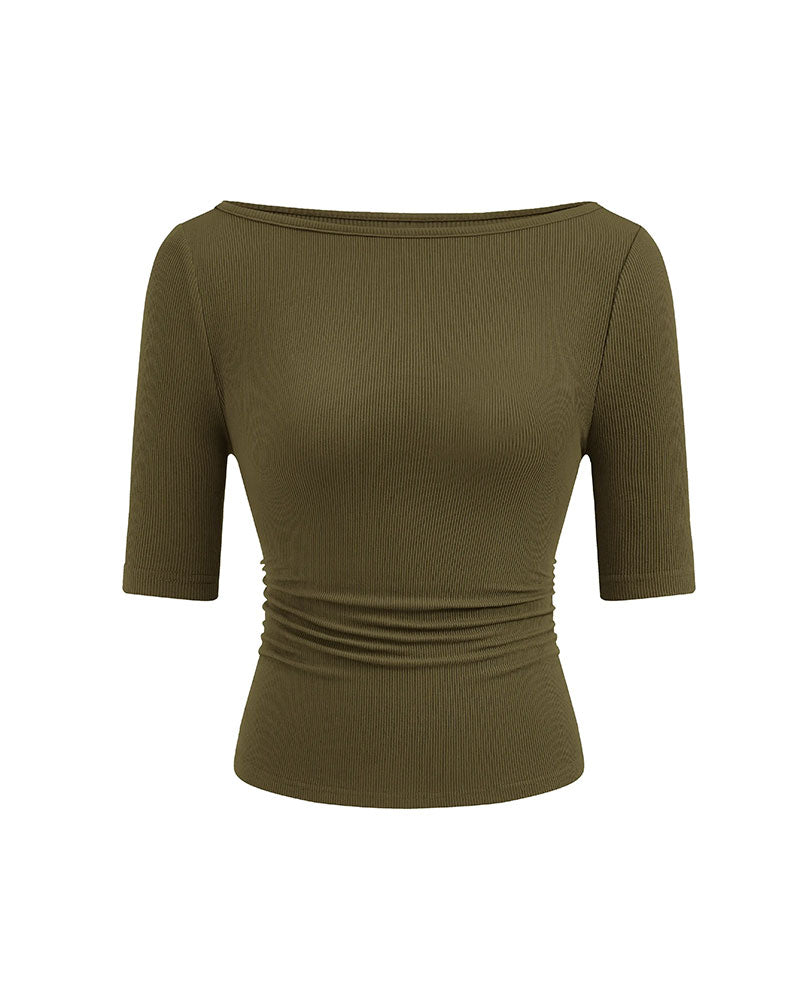 Off-Shoulder Knitted Solid Color T-Shirt