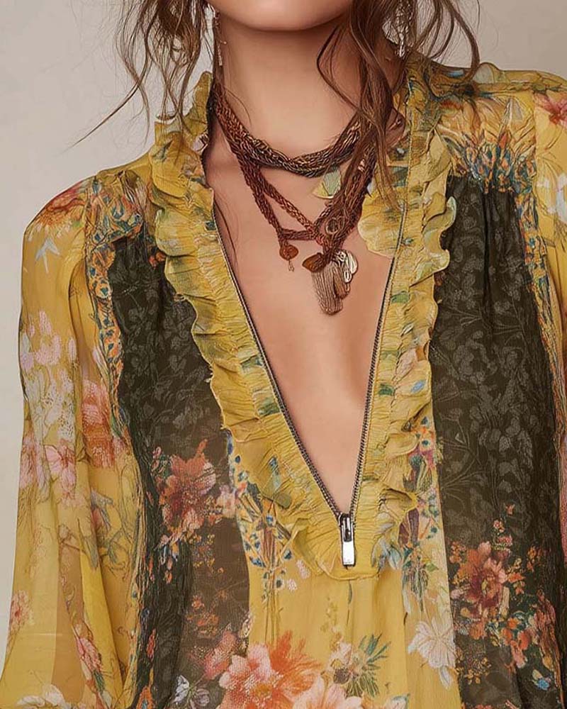 Half-Zip Floral Print Blouse
