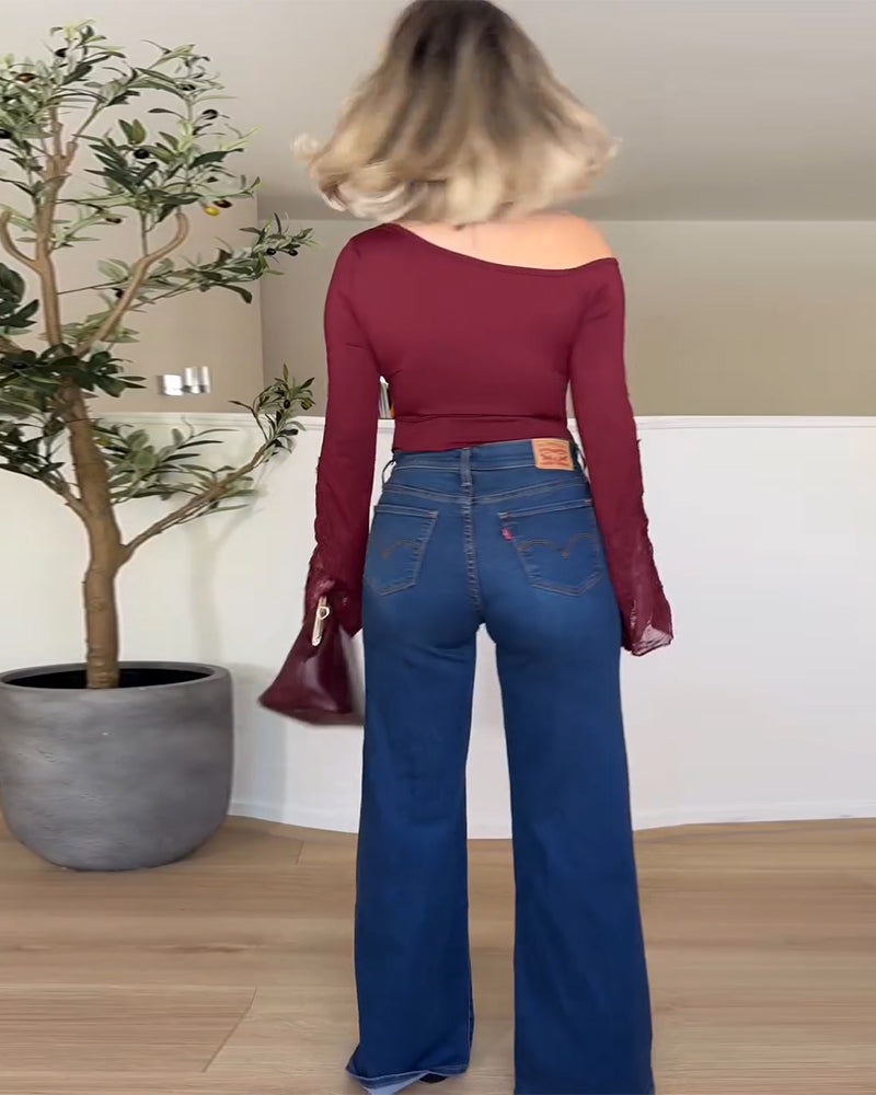 Lace Flare Sleeve Patchwork Top