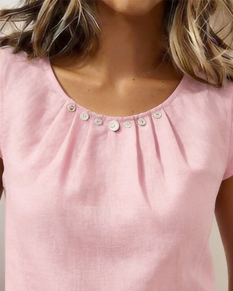 Pleated Button Round Neck Blouse