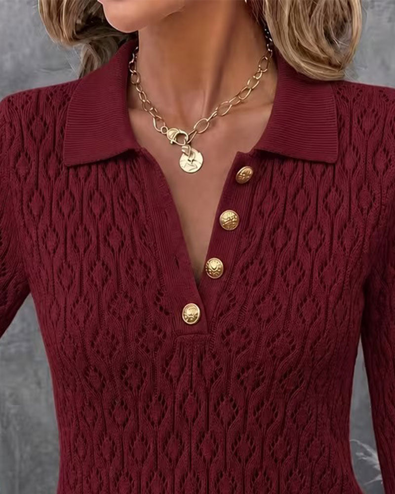 Turn-Down Collar Button Cutout Slim Pullover