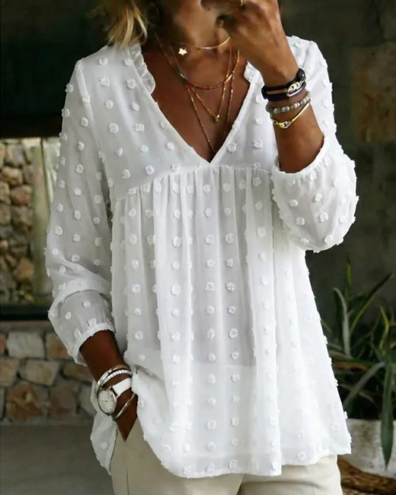 V-Neck Long Sleeve Pleated Blouse