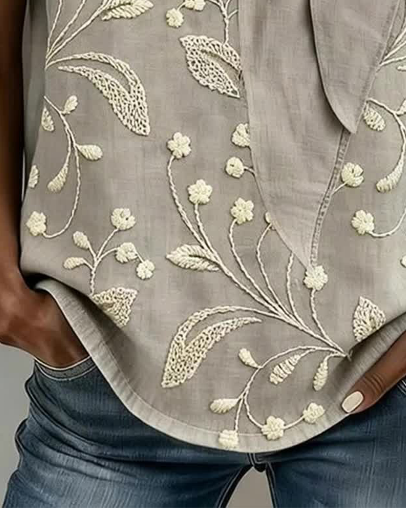 Tie-Neck Floral Embroidered Top