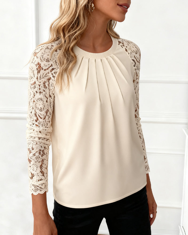 Round Neck Pleated Lace Patchwork Top
