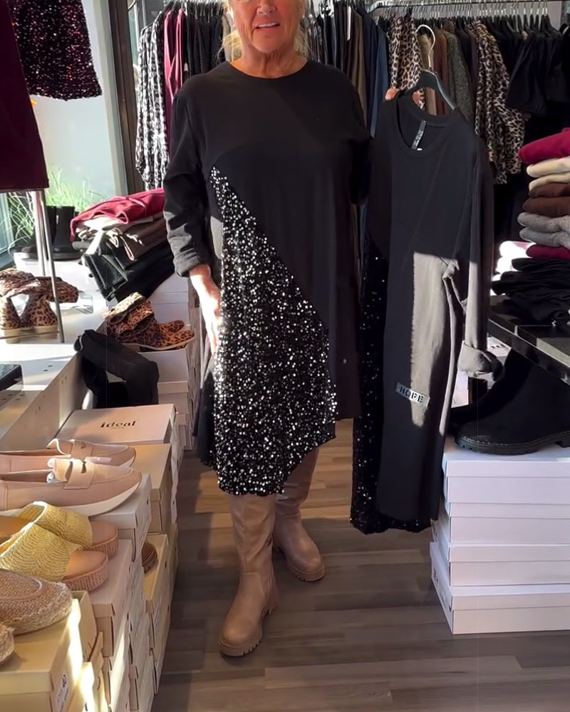 Sequin Panel Crew Neck Dress