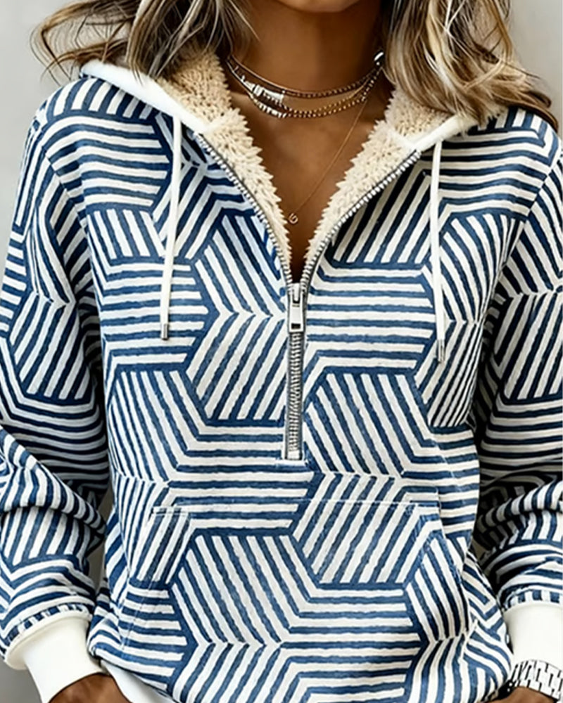 Fleece-Lined Striped Long-Sleeved Hoodie