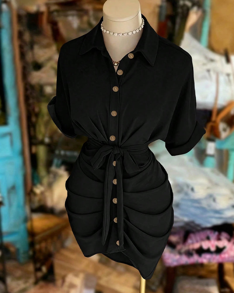 Tie Button Pleated Shirt Collar Dress