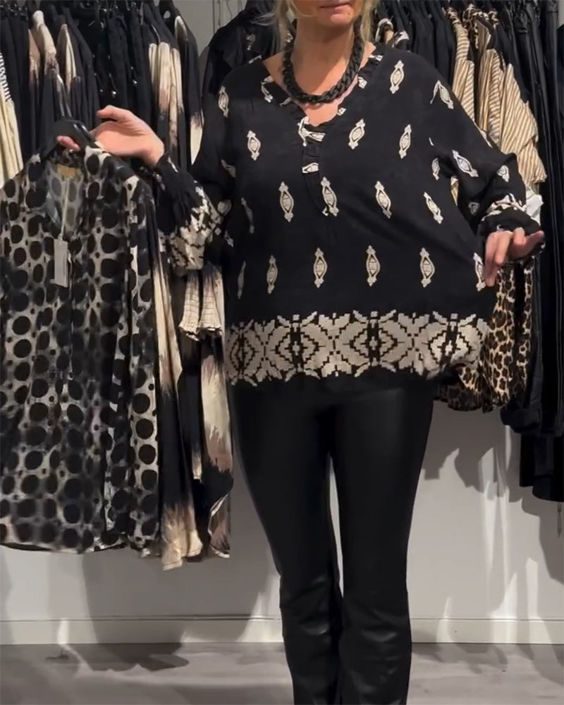 V-neck lantern sleeve printed shirt