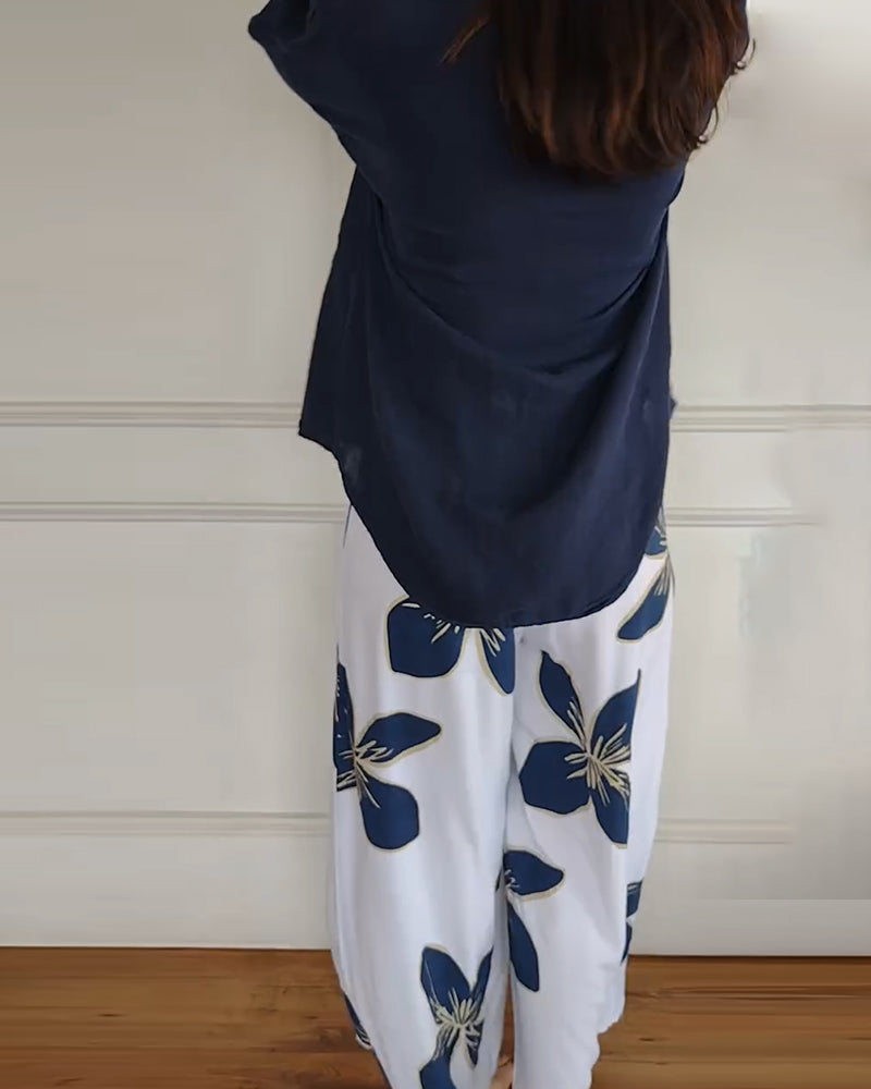 Crew Neck Casual Printed Trousers Set