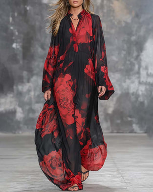 Temperament Loose Rose Print Long Dress