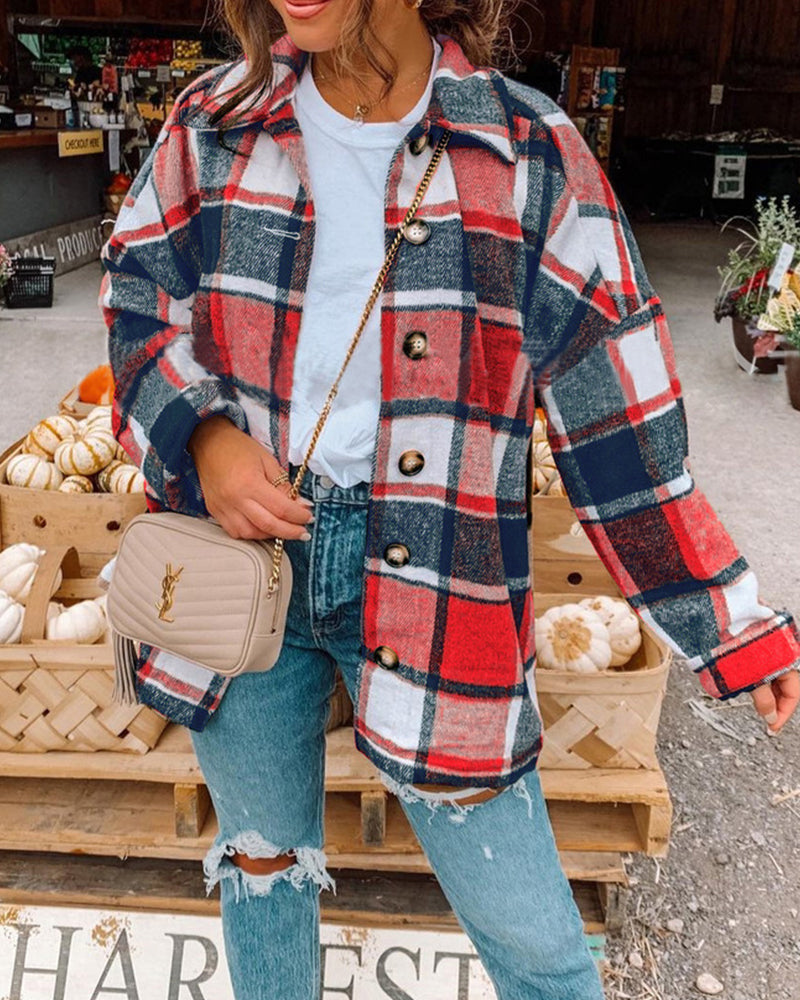 Casual plaid print button lapel jacket