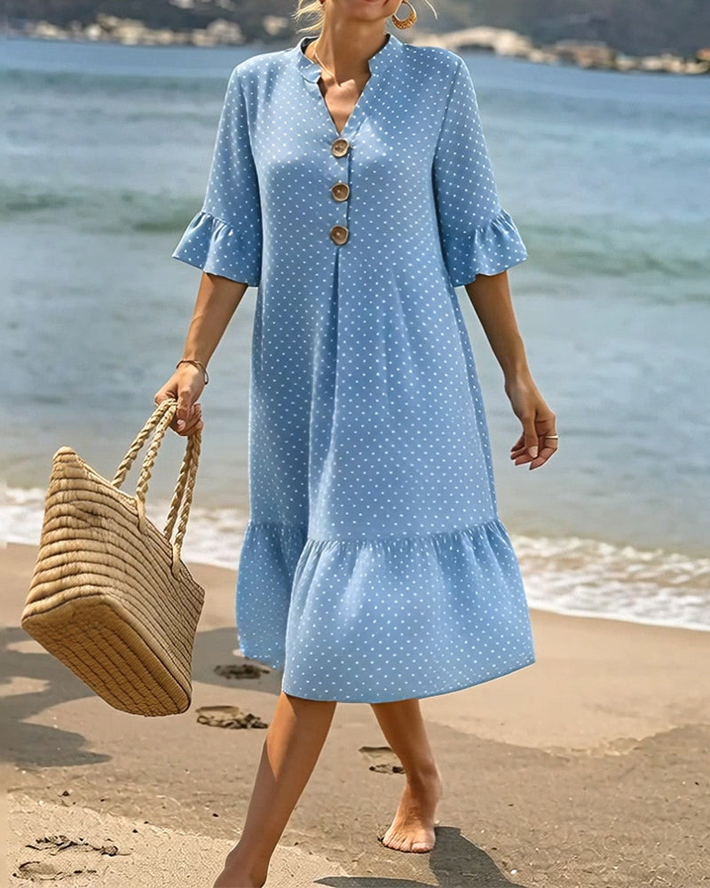 Polka Dot V-Neck Ruffle Sleeve Dress